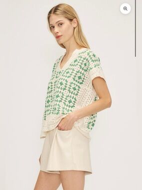 MELISSA NEPTON Green & Cream Openwork Crochet Top